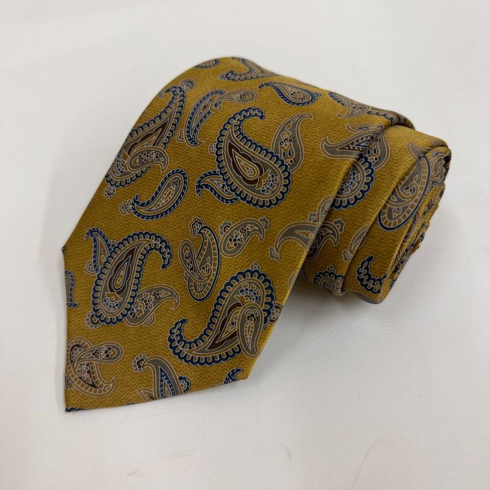 Canali Gold Tan Blue Paisley 100% Silk Tie Made in Italy Men's Designer Classic